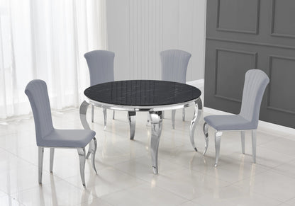 Table ronde marbre noir et 4 chaises argent | Halo