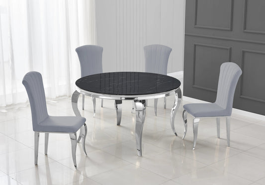 Table ronde marbre noir et 4 chaises argent | Halo