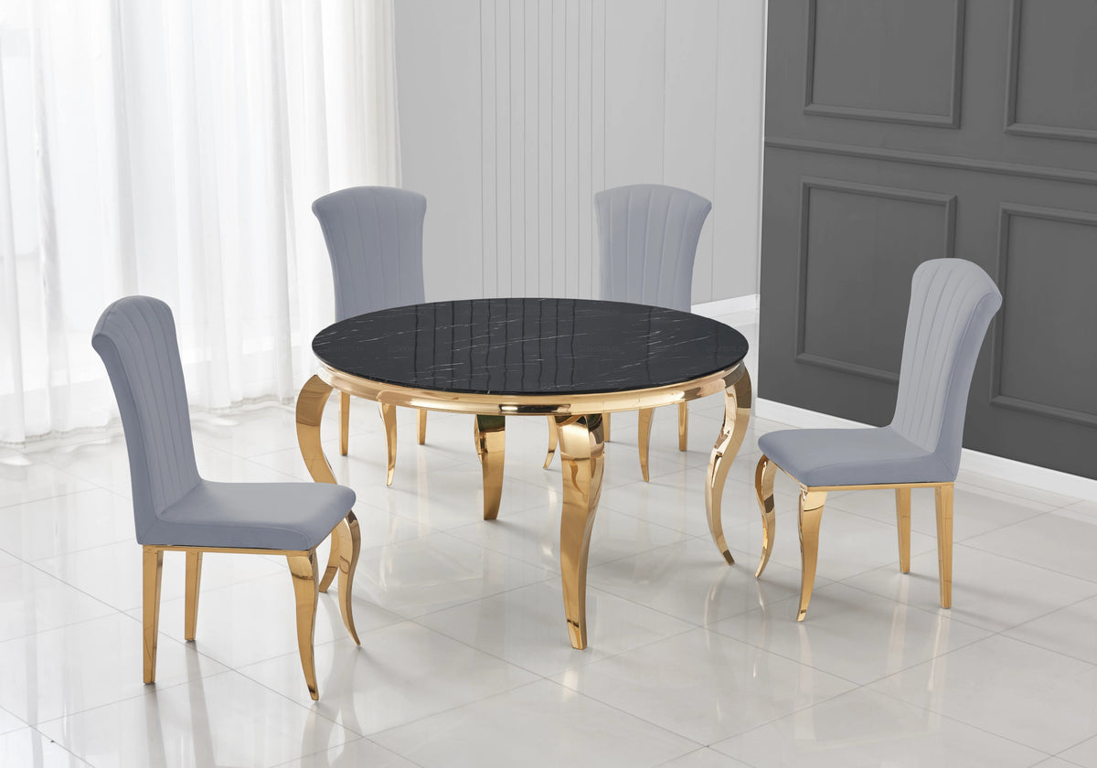 Table ronde marbre noir et 4 chaises velours or | Halo