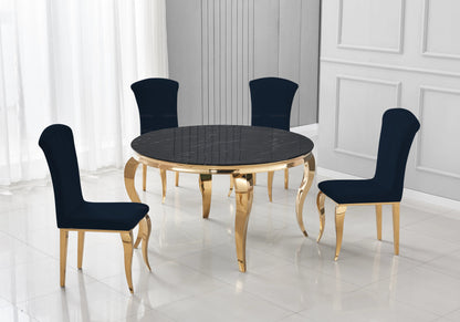 Table ronde marbre noir et 4 chaises velours or | Halo