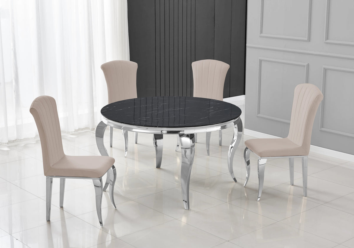 Table ronde marbre noir et 4 chaises argent | Halo