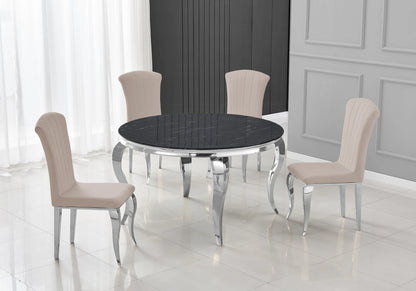 Table ronde marbre noir et 4 chaises argent | Halo