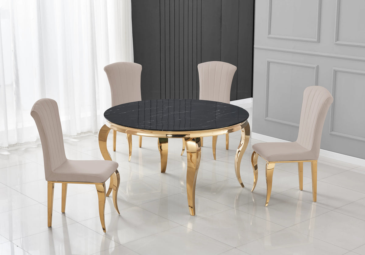 Table ronde marbre noir et 4 chaises velours or | Halo