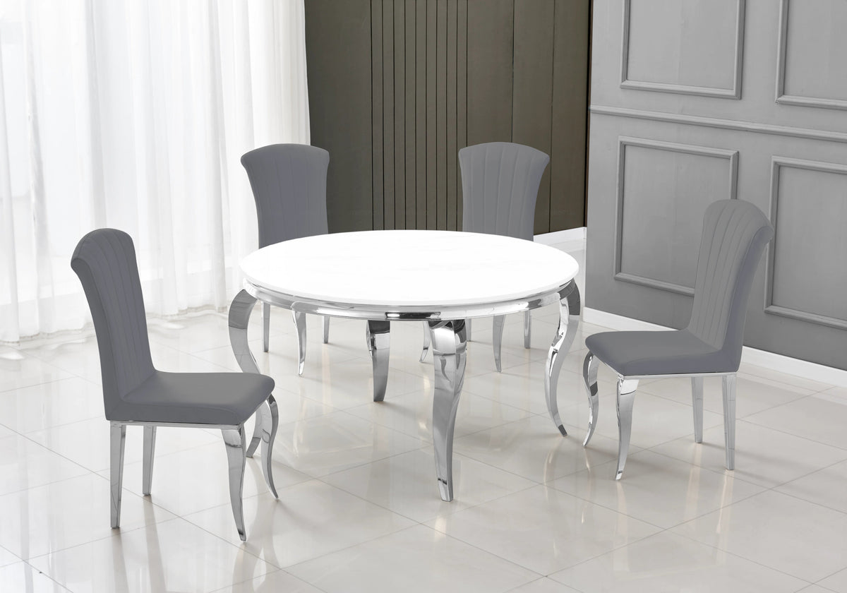 Ensemble table ronde verre blanc et 4 chaises argent | Halo