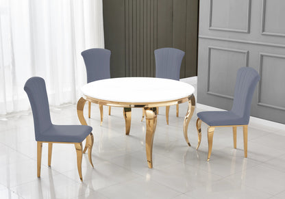 Table ronde verre blanc et 4 chaises velours or | Halo