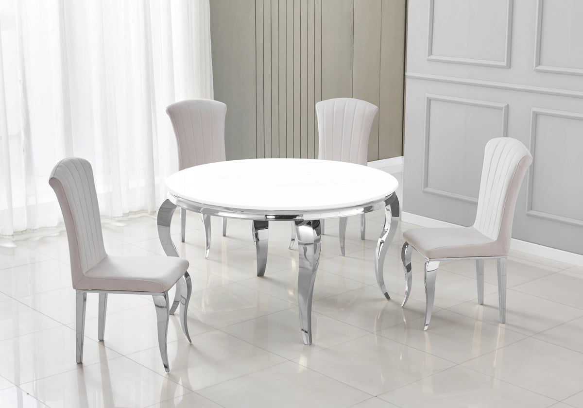 Ensemble table ronde verre blanc et 4 chaises argent | Halo