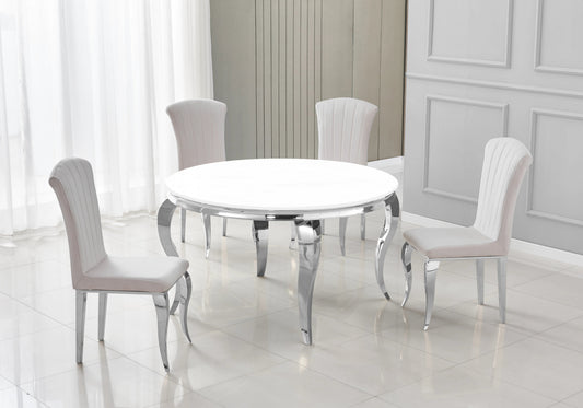 Ensemble table ronde verre blanc et 4 chaises argent | Halo