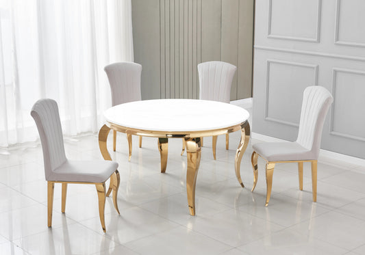 Table ronde verre blanc et 4 chaises velours or | Halo