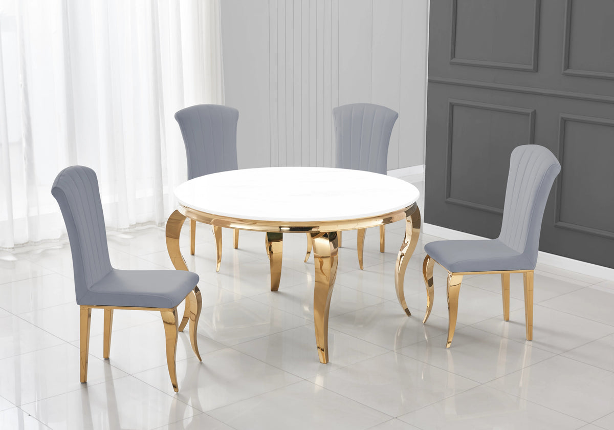 Table ronde verre blanc et 4 chaises velours or | Halo