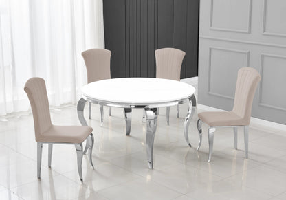 Ensemble table ronde verre blanc et 4 chaises argent | Halo