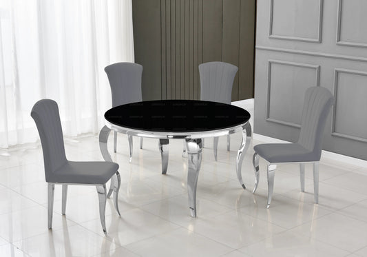 Ensemble table ronde verre noir et 4 chaises argent | Halo