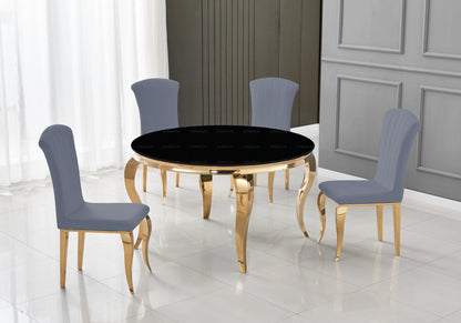 Table ronde verre noir et 4 chaises velours or | Halo
