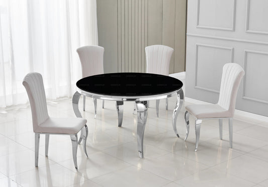 Ensemble table ronde verre noir et 4 chaises argent | Halo
