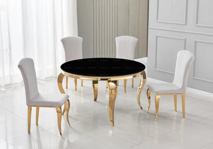 Table ronde verre noir et 4 chaises velours or | Halo