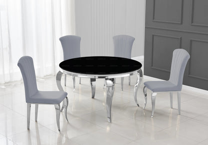 Ensemble table ronde verre noir et 4 chaises argent | Halo