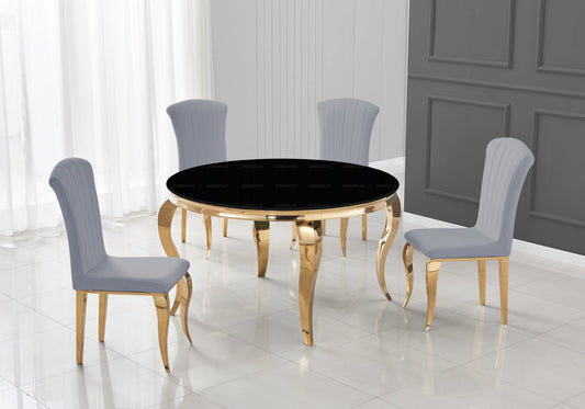 Table ronde verre noir et 4 chaises velours or | Halo