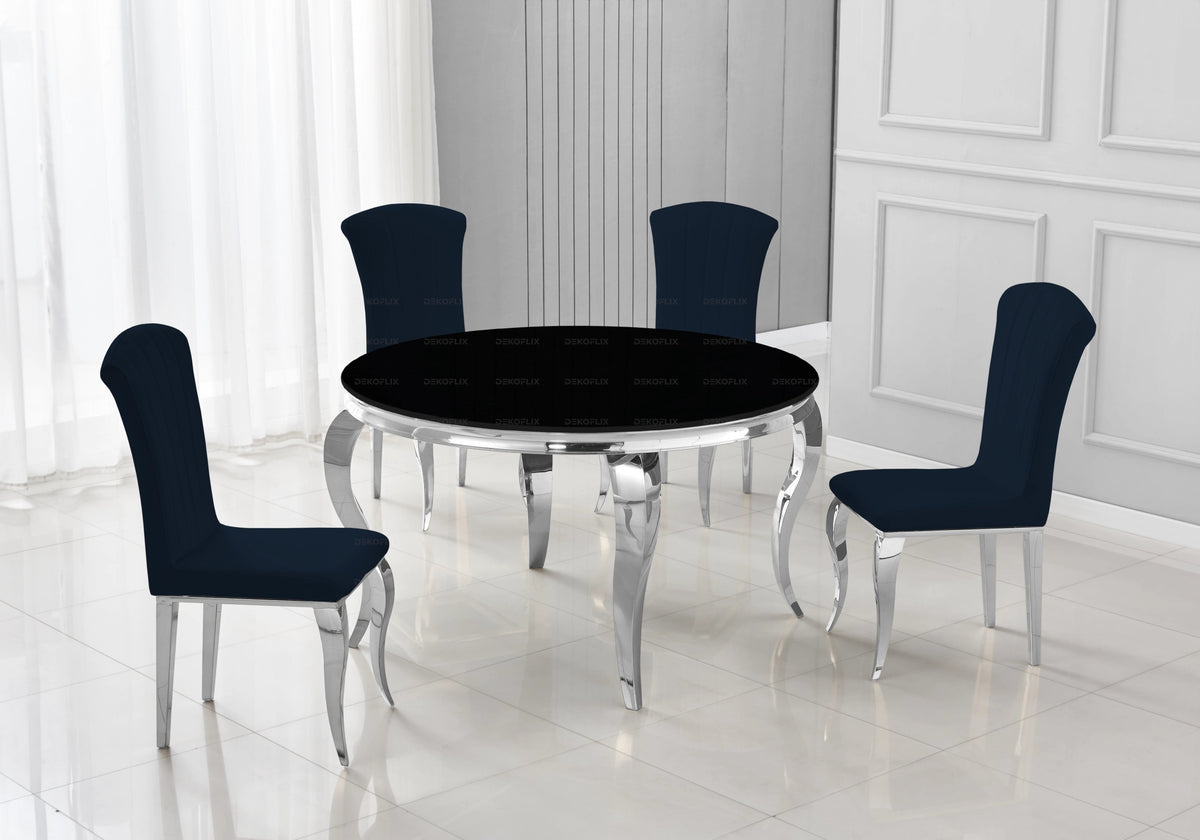 Ensemble table ronde verre noir et 4 chaises argent | Halo