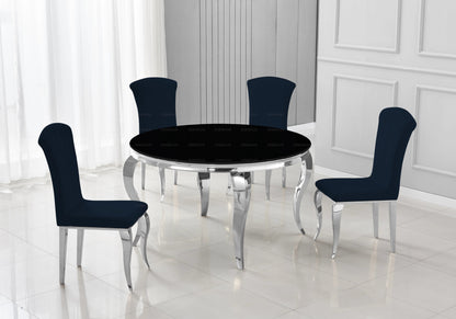 Ensemble table ronde verre noir et 4 chaises argent | Halo