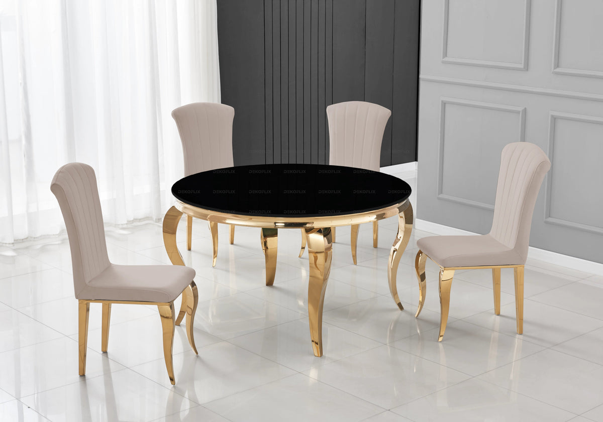 Table ronde verre noir et 4 chaises velours or | Halo
