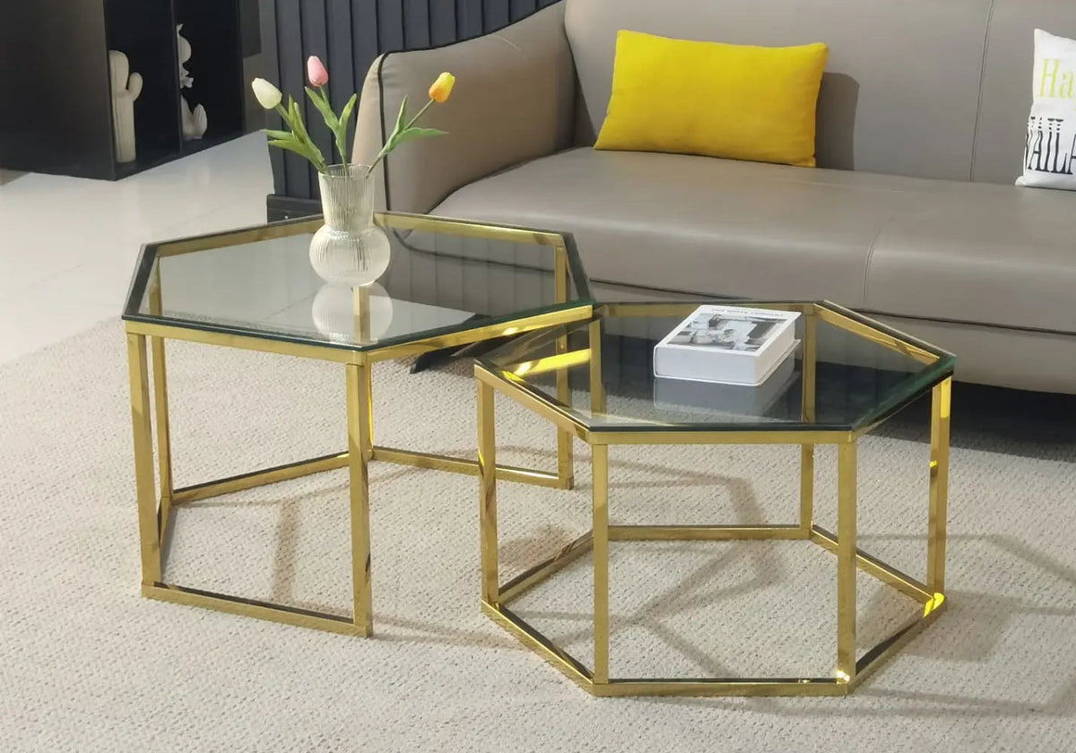 Tables basses gigognes dorées verre pour salon | Zevo