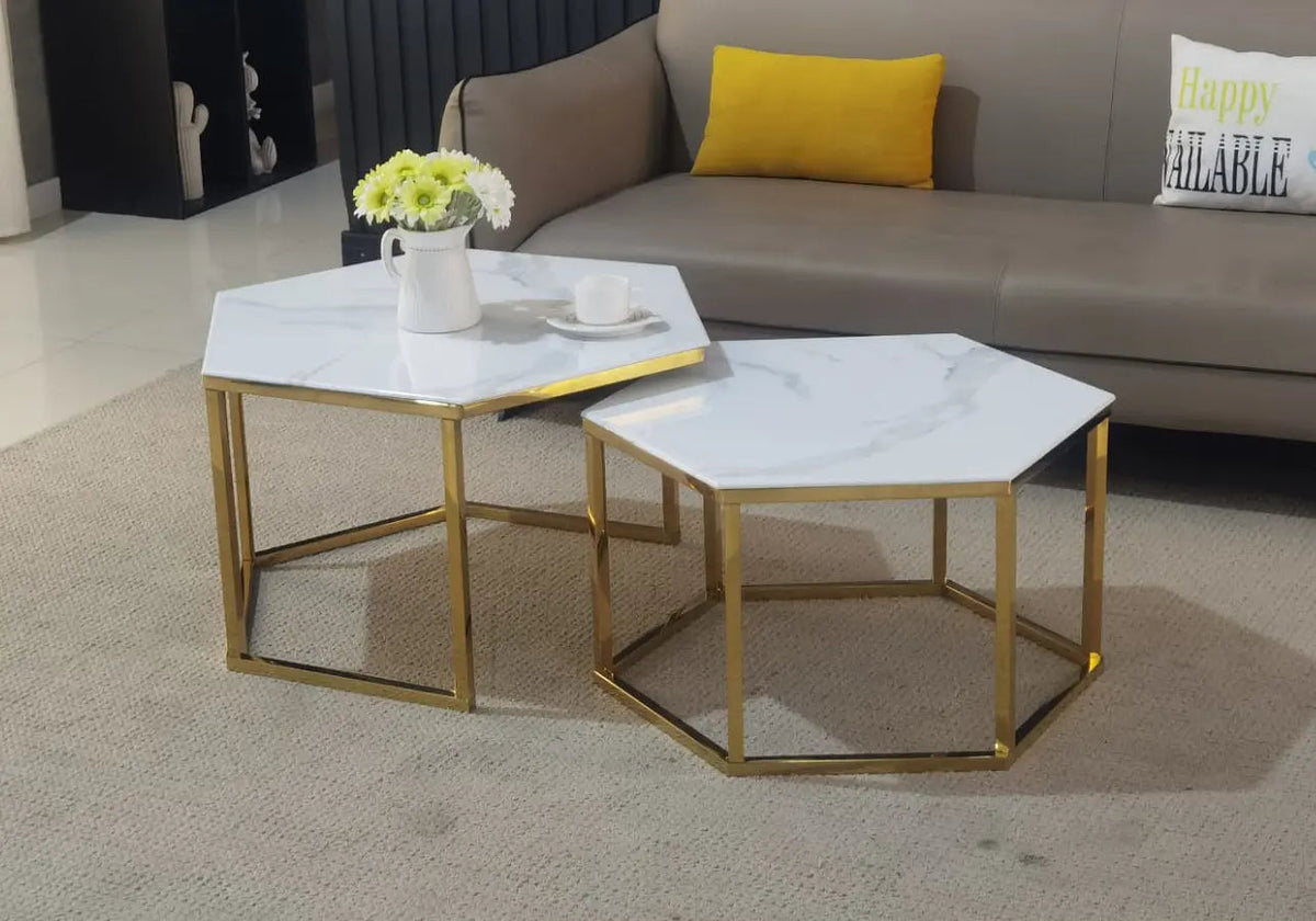 Tables basses gigognes dorées et marbre beige | Zevo