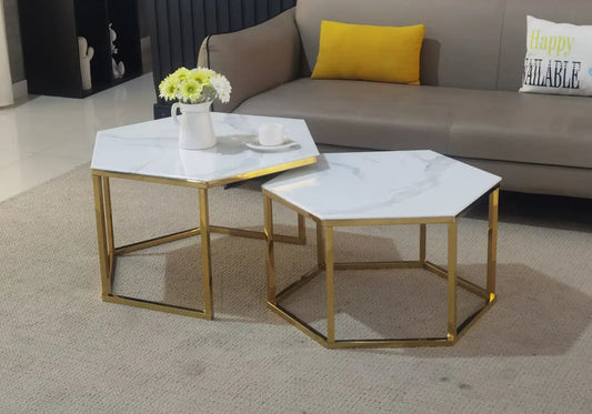 Tables basses gigognes dorées et marbre beige | Zevo