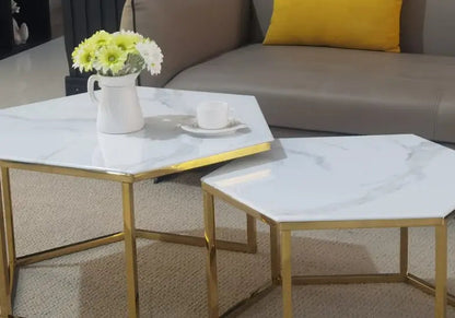 Tables basses gigognes dorées et marbre beige | Zevo