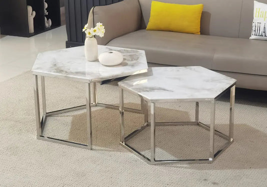 Tables basses gigognes marbre beige pour salon | Zevo