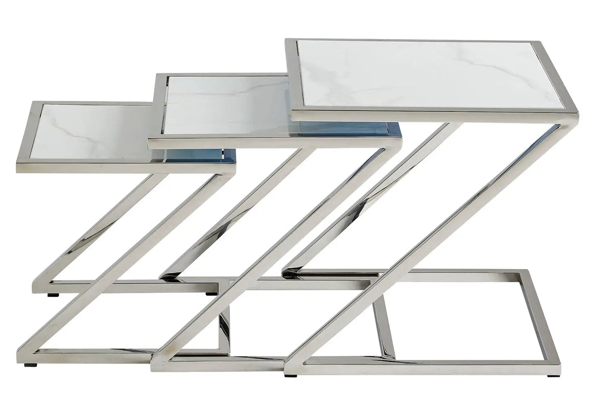 Tables gigognes en métal chromé et marbre blanc | Vexis