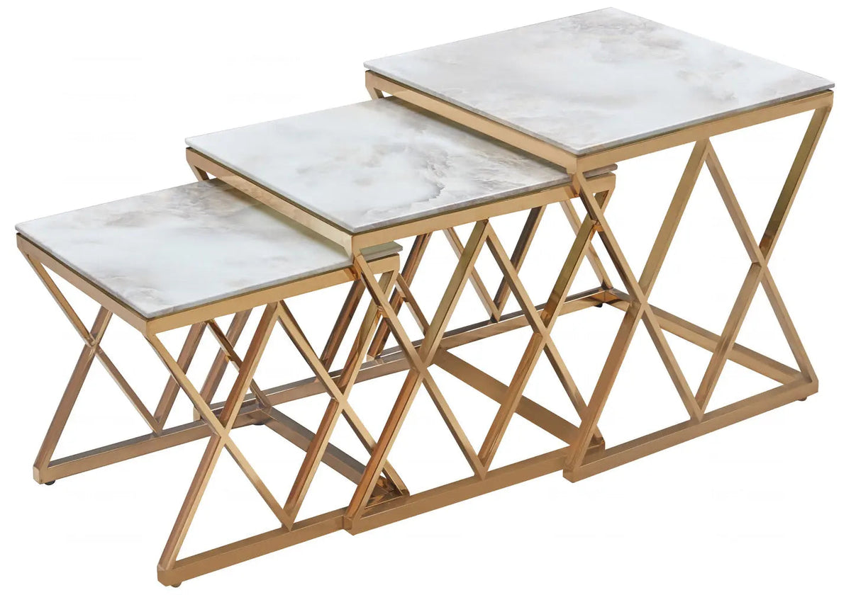 Tables gigognes marbre blanc et acier doré | Vexta