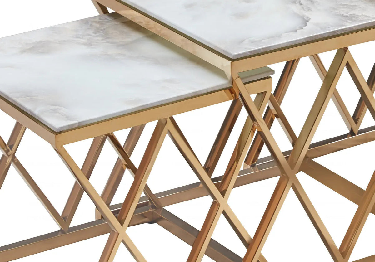 Tables gigognes marbre blanc et acier doré | Vexta