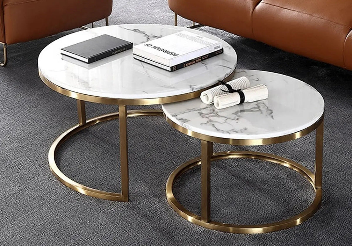 Tables gigognes dorées effet marbre blanc pour salon | Opal