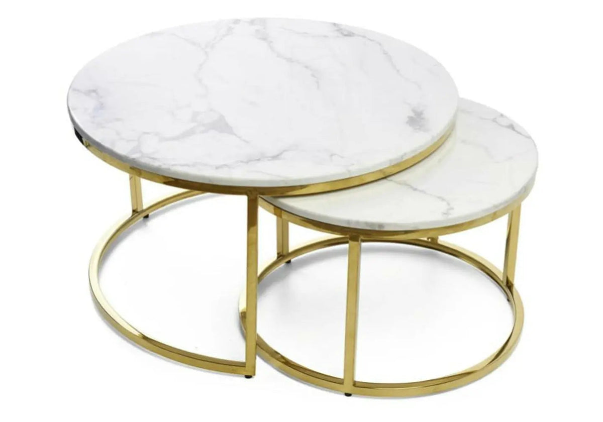 Tables gigognes dorées effet marbre blanc pour salon | Opal