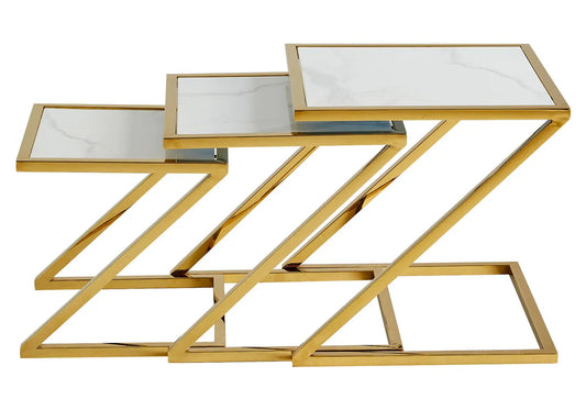 Tables gigognes dorées verre effet marbre blanc | Vexis