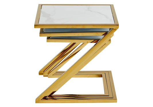 Tables gigognes dorées verre effet marbre blanc | Vexis