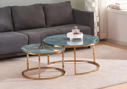 Tables gigognes dorées et marbre gris pour salon | Opal