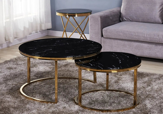 Tables gigognes dorées verre effet marbre noir | Opal