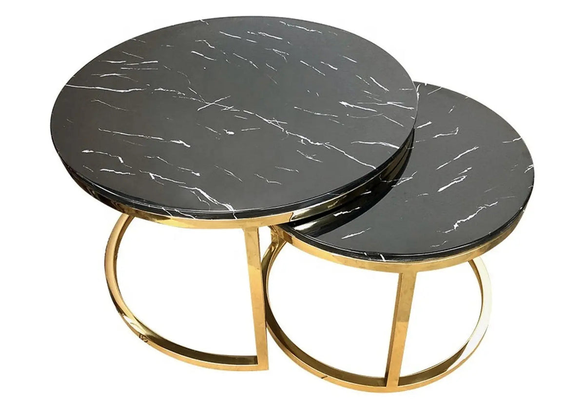 Tables gigognes dorées verre effet marbre noir | Opal