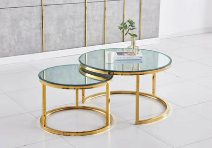Tables gigognes rondes dorées et miroir de salon | Opal