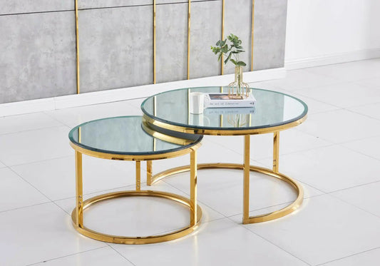 Tables gigognes rondes dorées et miroir de salon | Opal