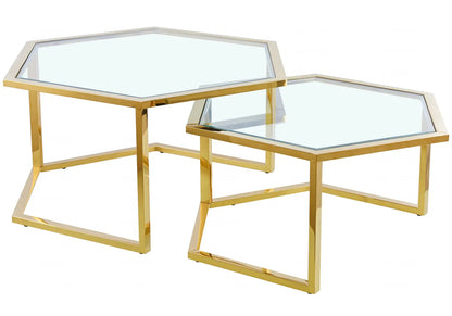 Table gigogne octogonale dorée verre blanc | Zelix