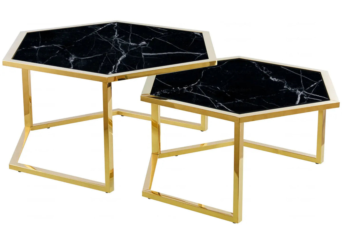 Table gigogne octogonale dorée verre blanc | Zelix