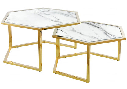Table gigogne octogonale dorée verre blanc | Zelix