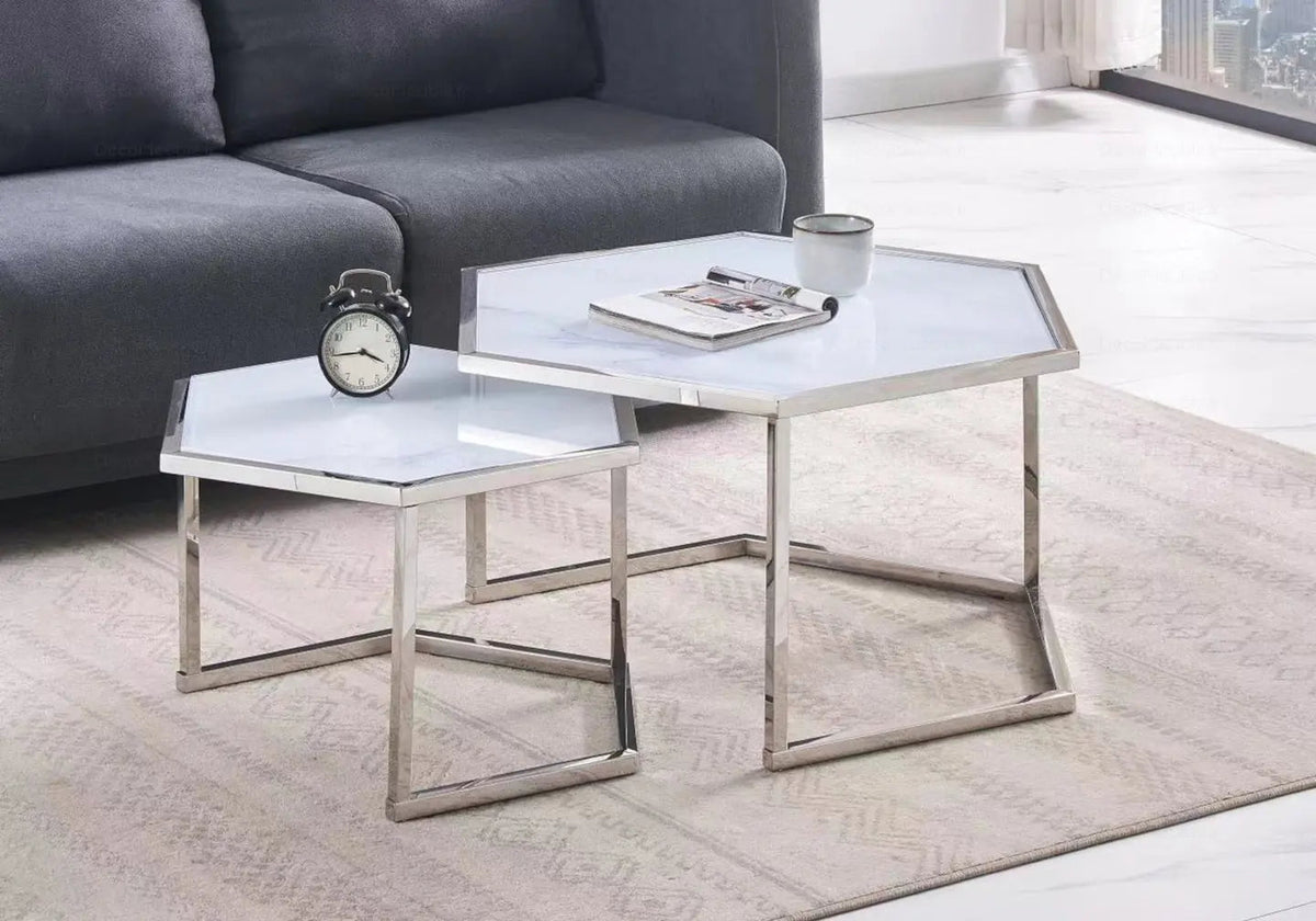 Tables gigognes design octogonales verre blanc | Zelix
