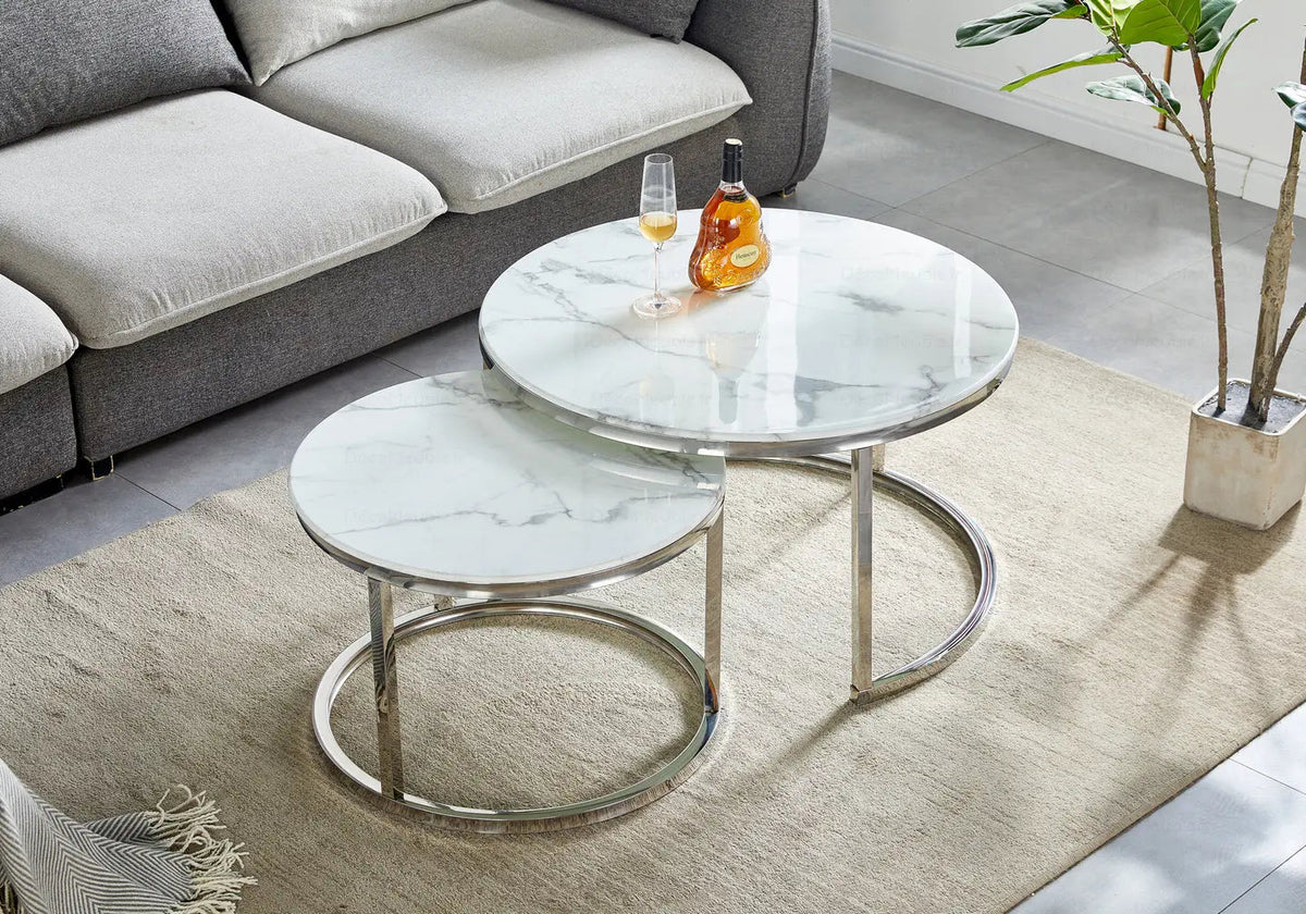 Tables gigognes design effet marbre blanc et acier | Opal