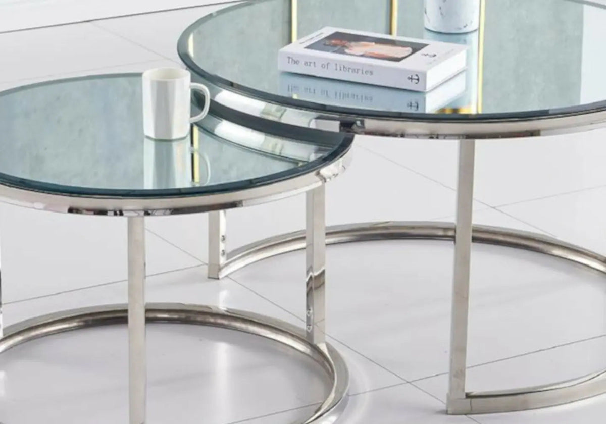 Tables gigognes miroir acier chromé pour salon | Opal