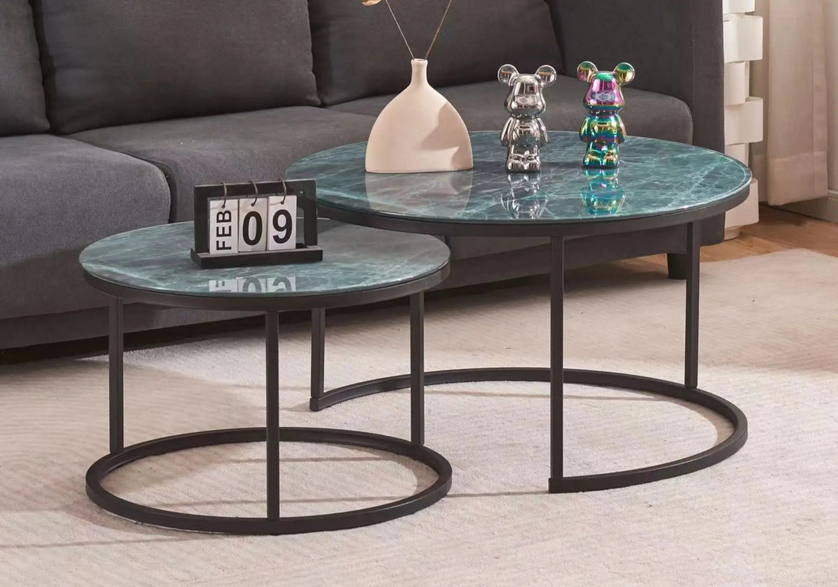 Tables gigognes noires et marbre gris pour salon | Opal