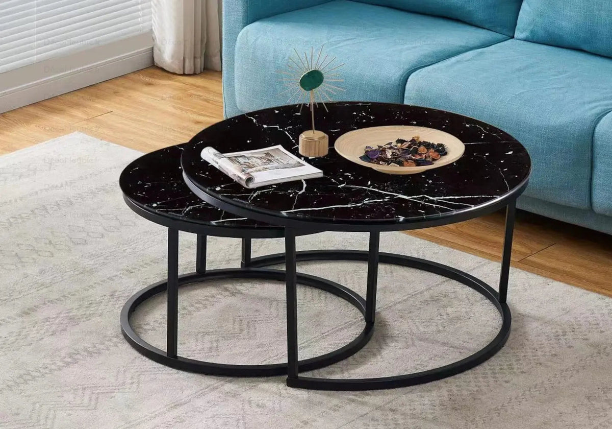 Tables gigognes rondes noires effet marbre noir | Opal