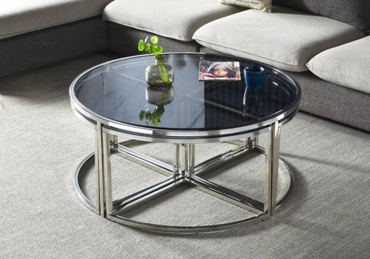 Tables gigognes rondes design noir et verre fumé | Onyx