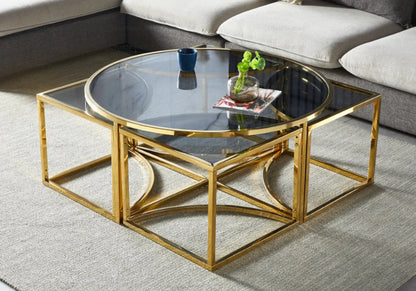 Tables gigognes rondes verre noir et métal doré | Xelo